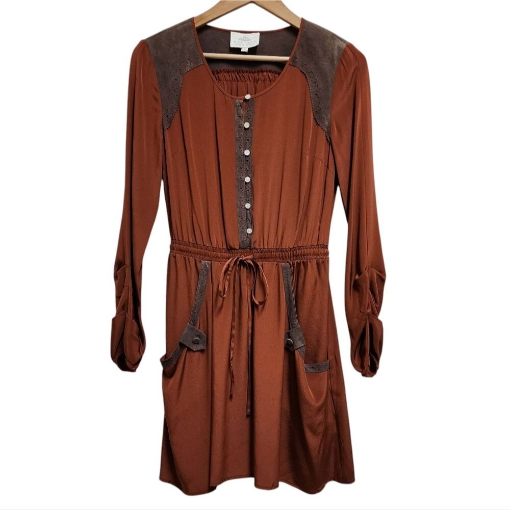 Madison Marcus Dress S Rust Brown Silk Ruched Slv Drawstring Waist Western